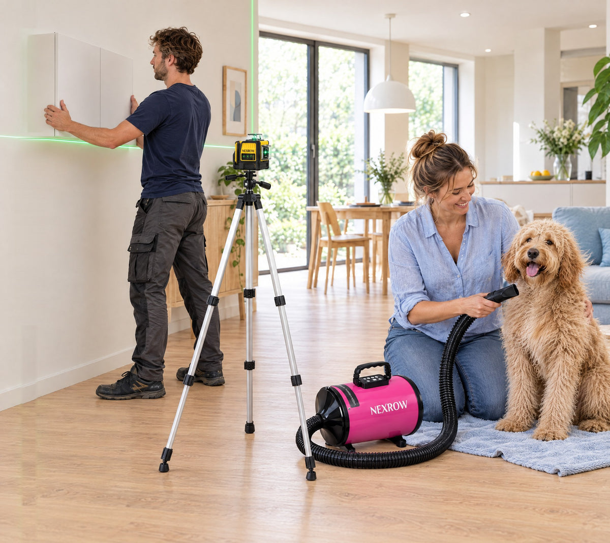Man hangt een kastje op met de NEXROW kruislijnlaser op statief, vrouw föhnt de hond met de NEXROW hondenföhn